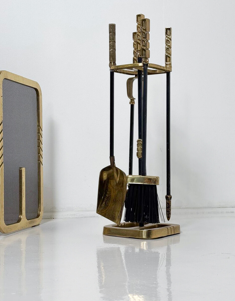 Fireplace set, Brass, Italy, 1970s