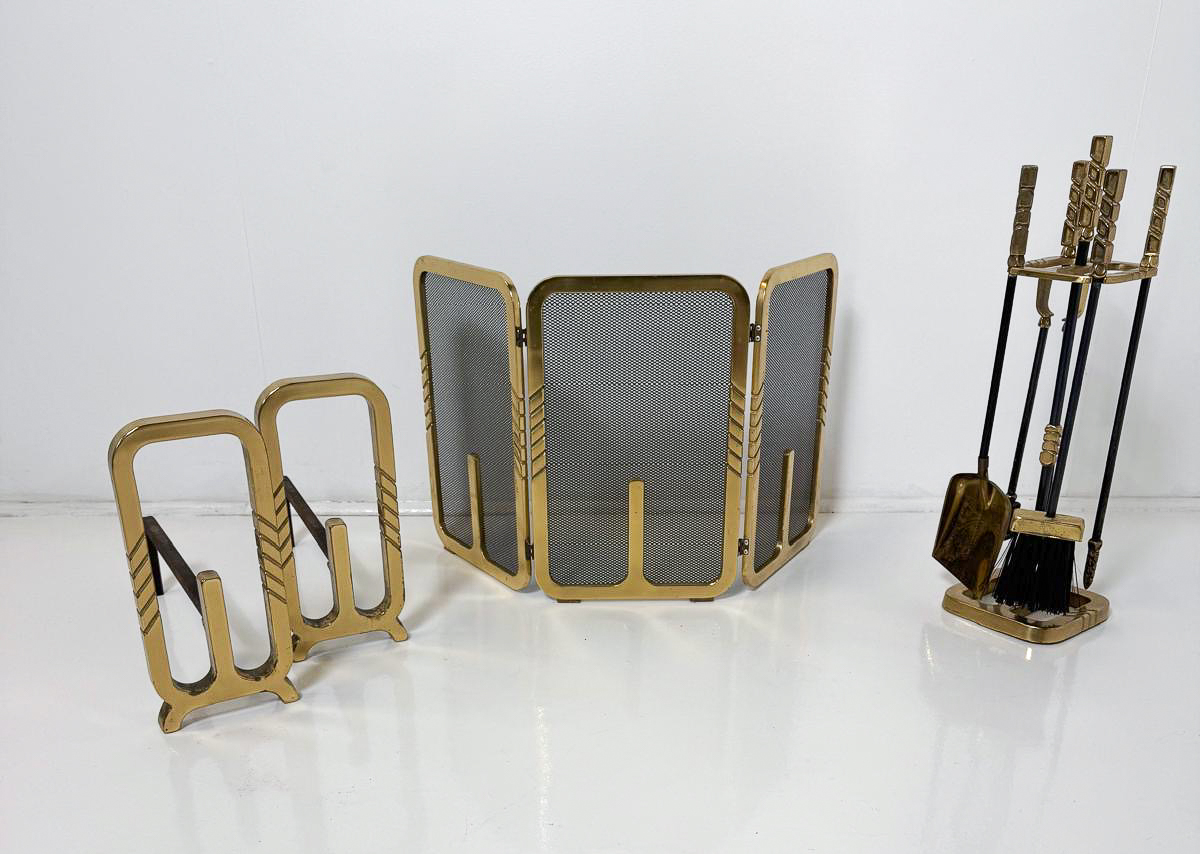 Fireplace set, Brass, Italy, 1970s