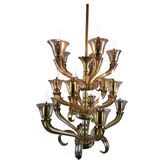 Flavio Poli glass chandelier with 15 light arms, 1940