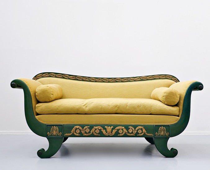 French Charles X Sofa, Green and Gold Lacquered wood 
