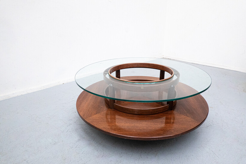 Gianfranco Frattini Round Coffee Table, Teak and Glass, 1950s