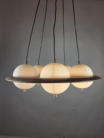 Goffredo Reggiani, Opaline Glass Chandelier With Teak Frame, Italy, 1960s