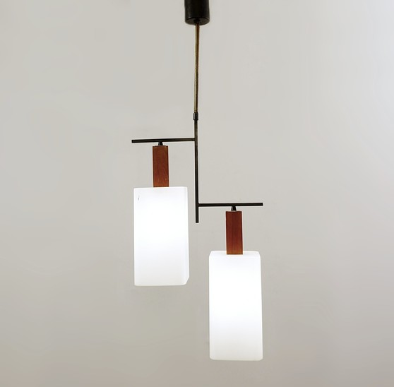 Hanging Lamp In Teak And Opaline From The 60s