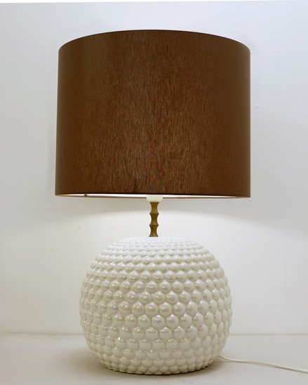Iridescent White Ceramic Globe Table Lamp - Lindenman Signed