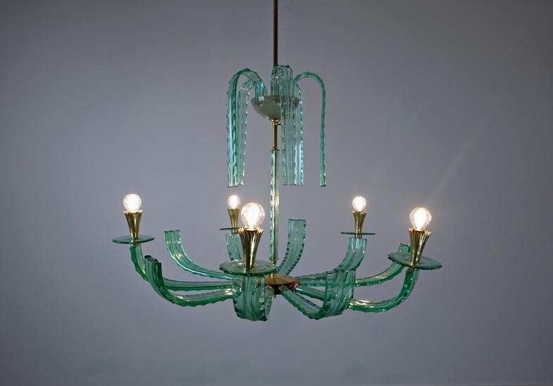 Italian Chandelier, Glass and Brass, 1940s