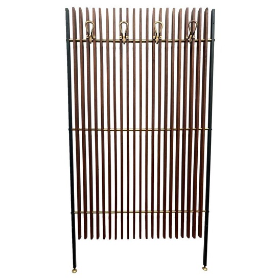 Italian Coat Rack, Wood and Brass, 1970s
