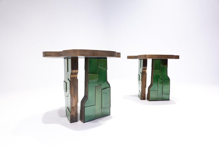 Italian Contemporary Brass and Ceramic Green Side Table, 2 Available