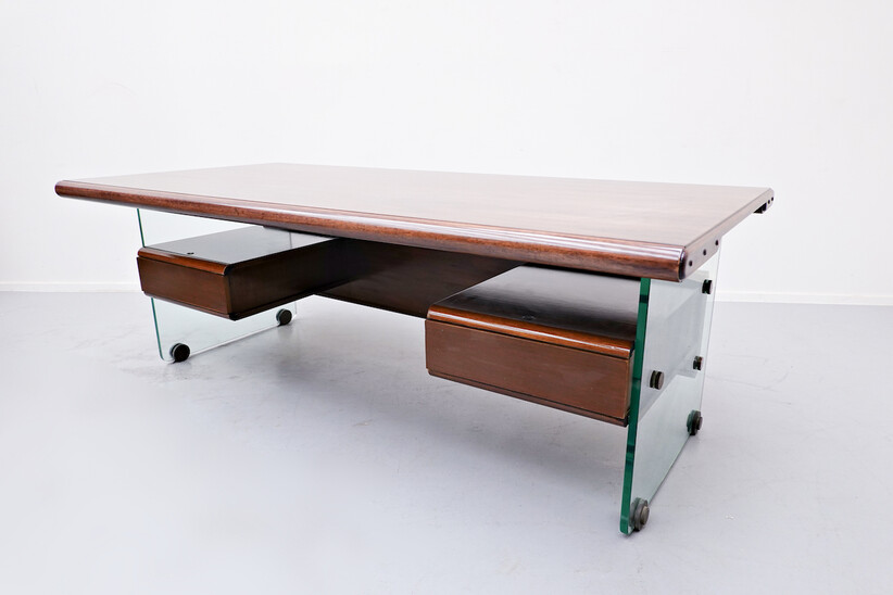 Italian Desk, Glass, Bronze and Teak, 1970s