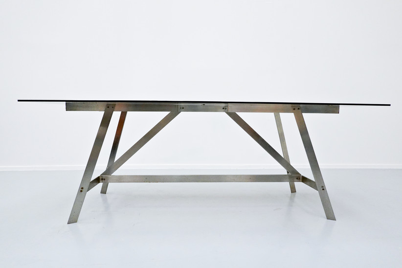Italian Dining Table, Glass and Steel, 1970s