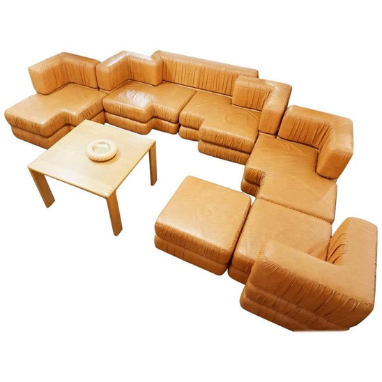 Italian Modular Vegan Leather Cognac Sofa, 1970s