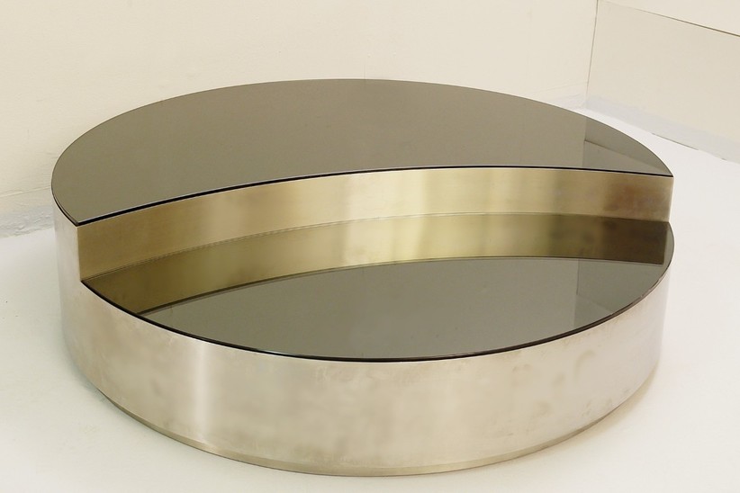 Italian Round Coffee Table In Brushed Chrome Smoked Mirror Top