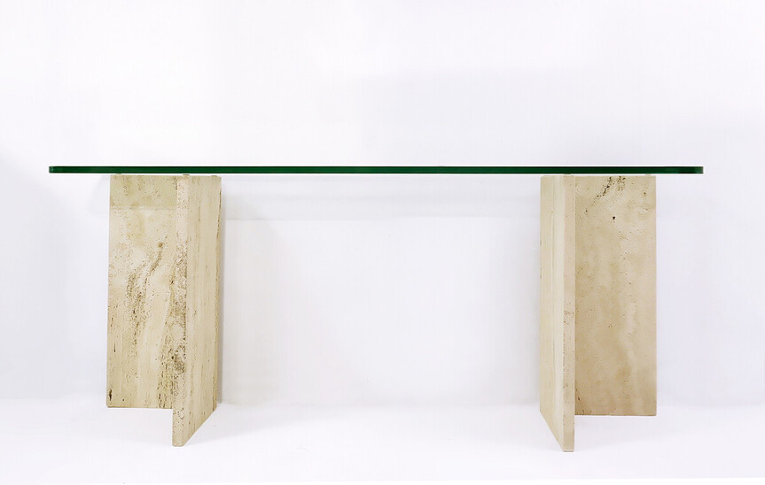 Italian Travertine and glass top Console Table, 1970s