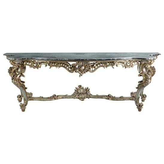 Large 19th Century Console in Carved Painted Wood and Marble