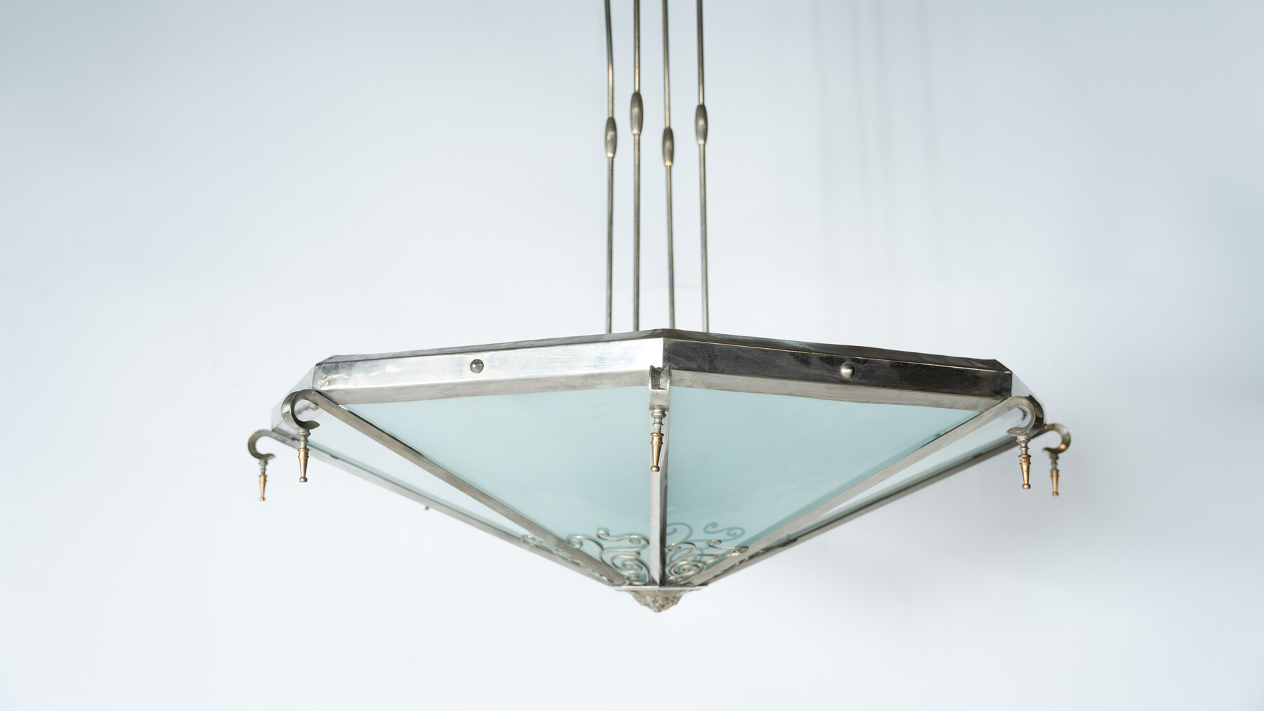 Large Art Deco Ceiling light, Glass and Metal, France, 1930s