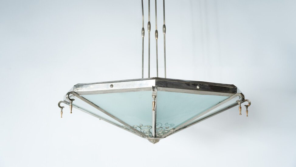 Large Art Deco Ceiling light, Glass and Metal, France, 1930s