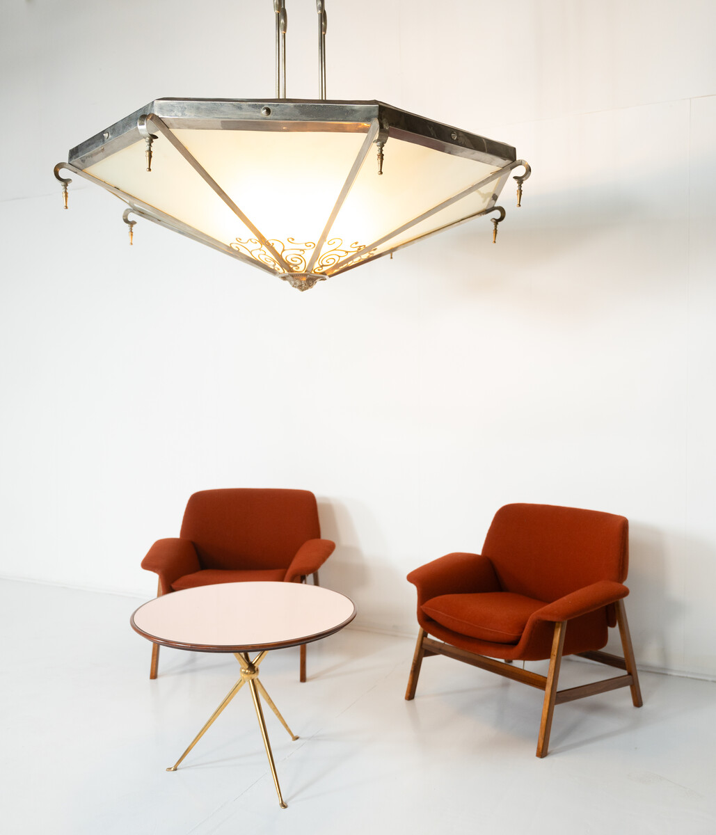 Large Art Deco Ceiling light, Glass and Metal, France, 1930s