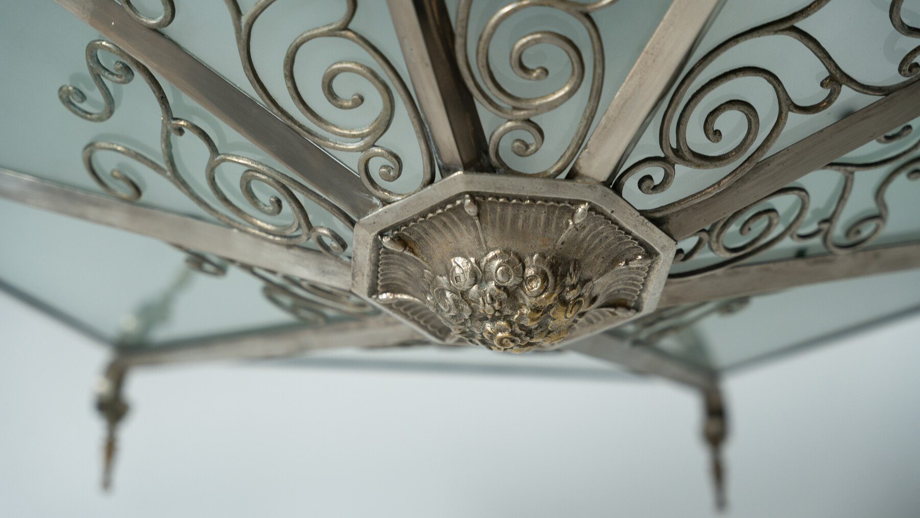 Large Art Deco Ceiling light, Glass and Metal, France, 1930s