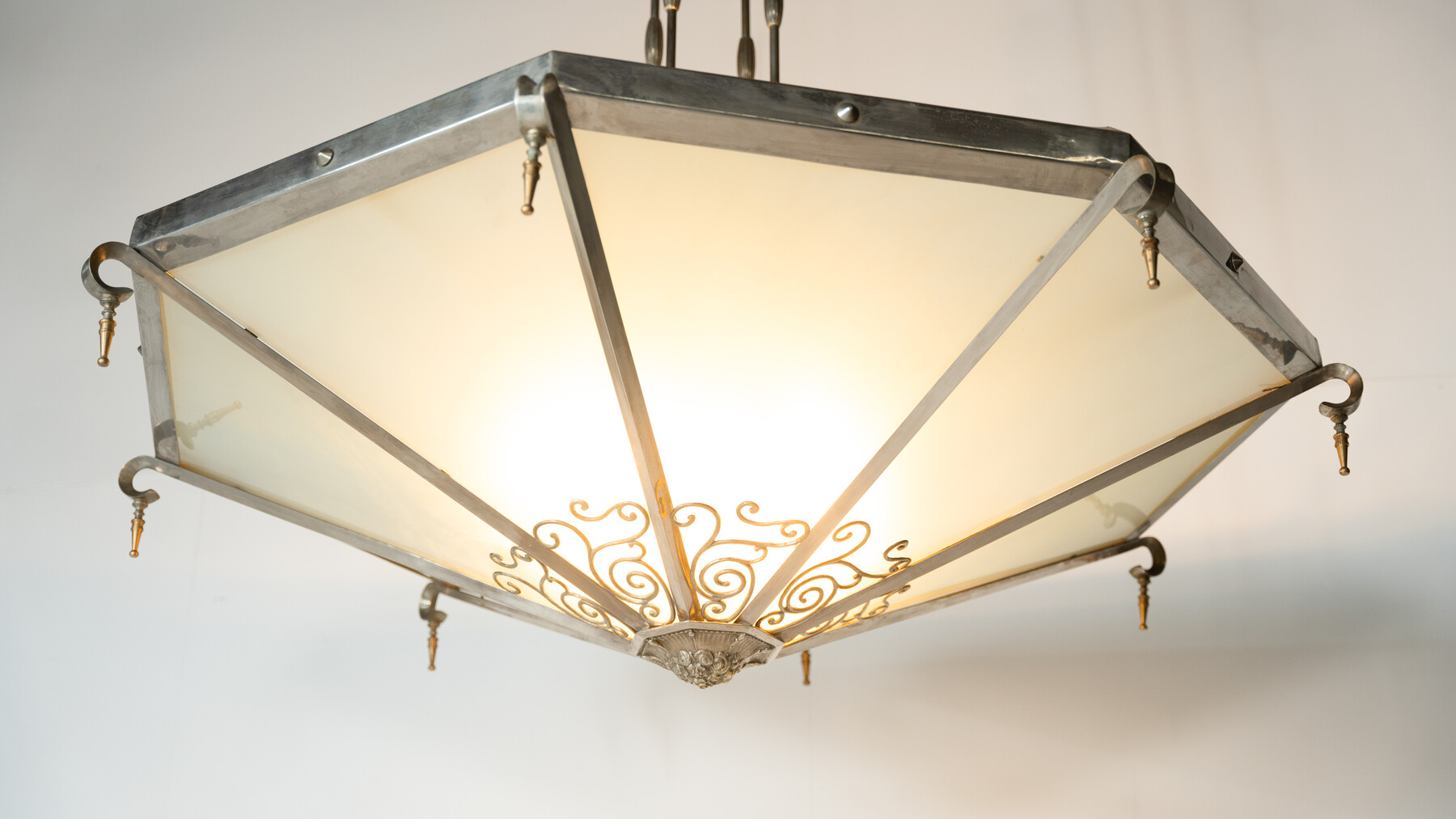 Large Art Deco Ceiling light, Glass and Metal, France, 1930s