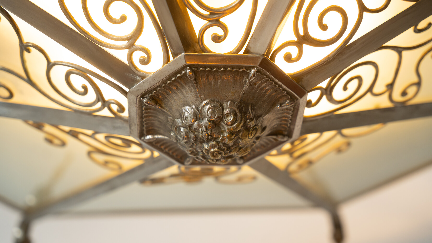 Large Art Deco Ceiling light, Glass and Metal, France, 1930s