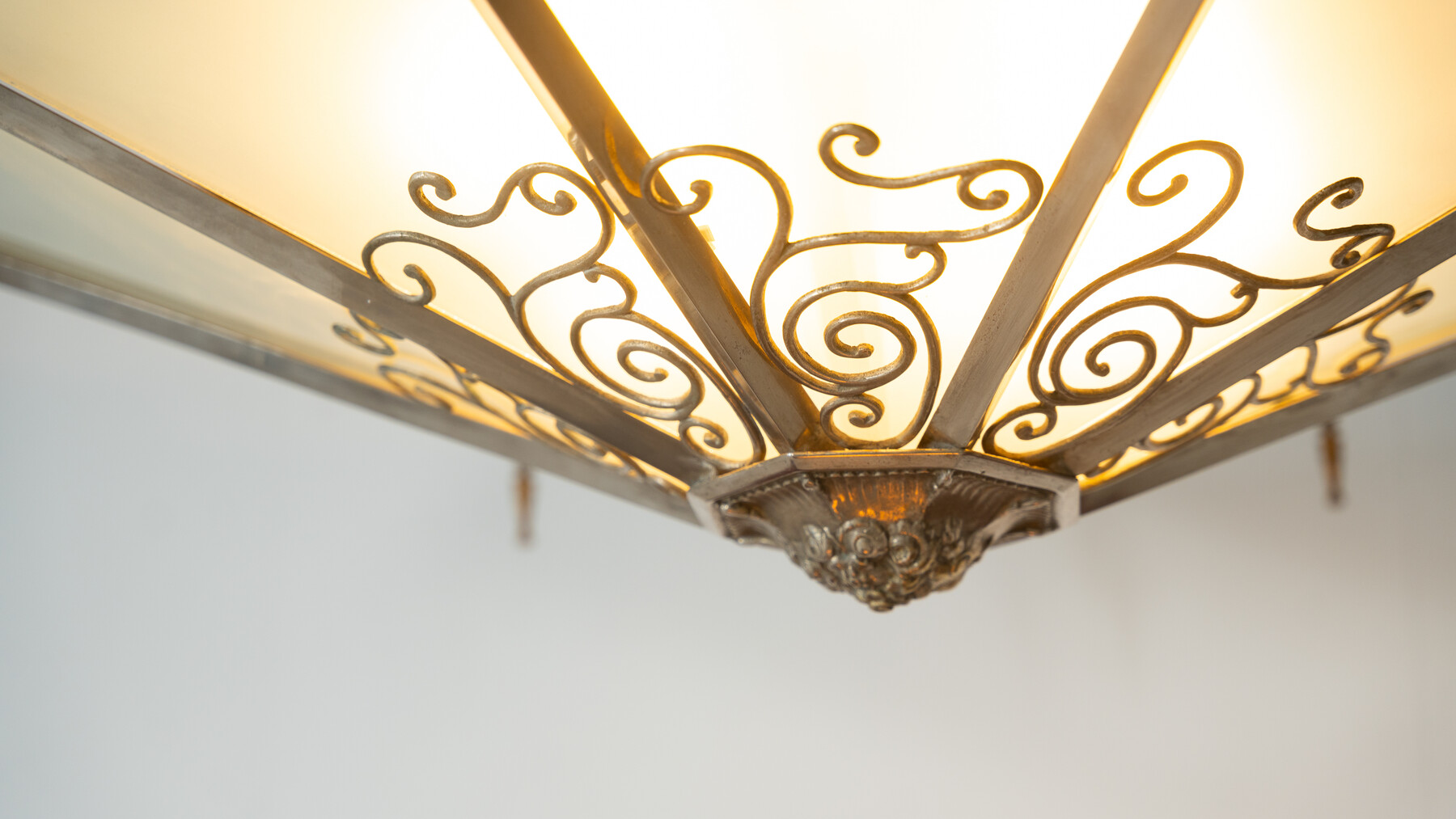 Large Art Deco Ceiling light, Glass and Metal, France, 1930s