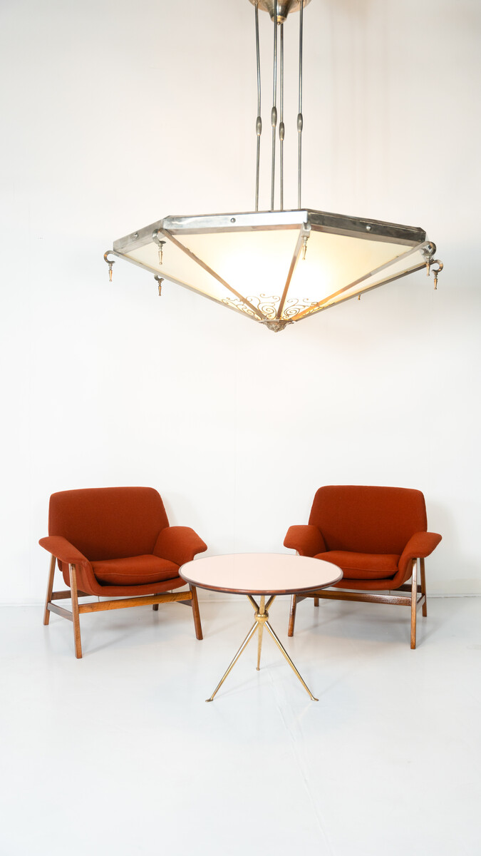 Large Art Deco Ceiling light, Glass and Metal, France, 1930s