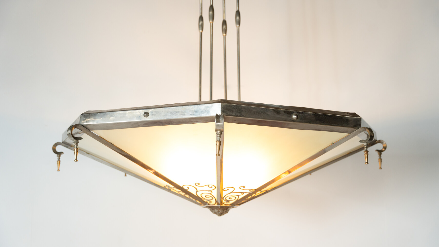 Large Art Deco Ceiling light, Glass and Metal, France, 1930s