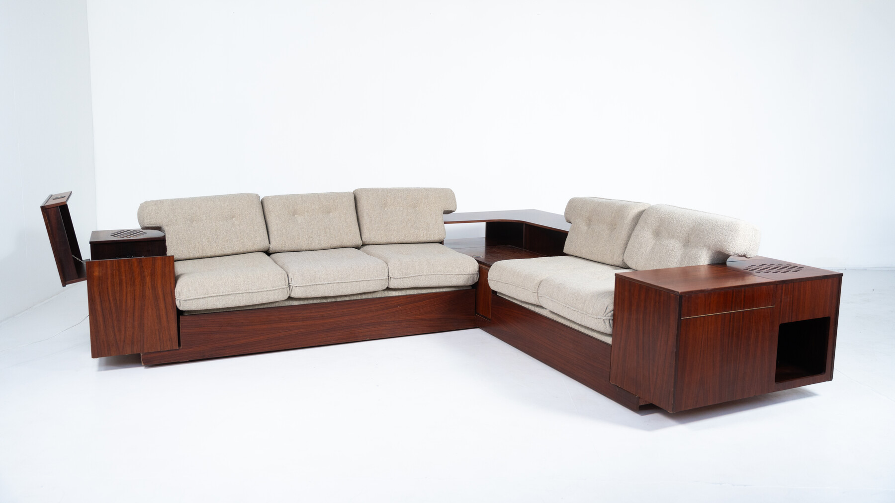 Large Corner Sofa with Built-in Cabinets, Speaker and Record Player, Bernini, Italy, 1970s