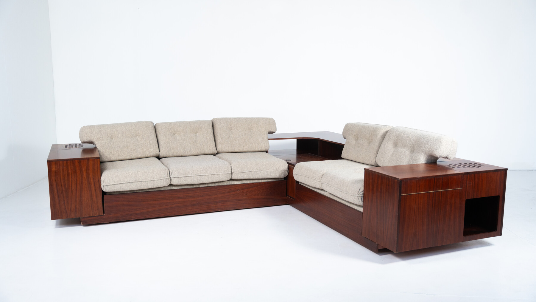 Large Corner Sofa with Built-in Cabinets, Speaker and Record Player, Bernini, Italy, 1970s