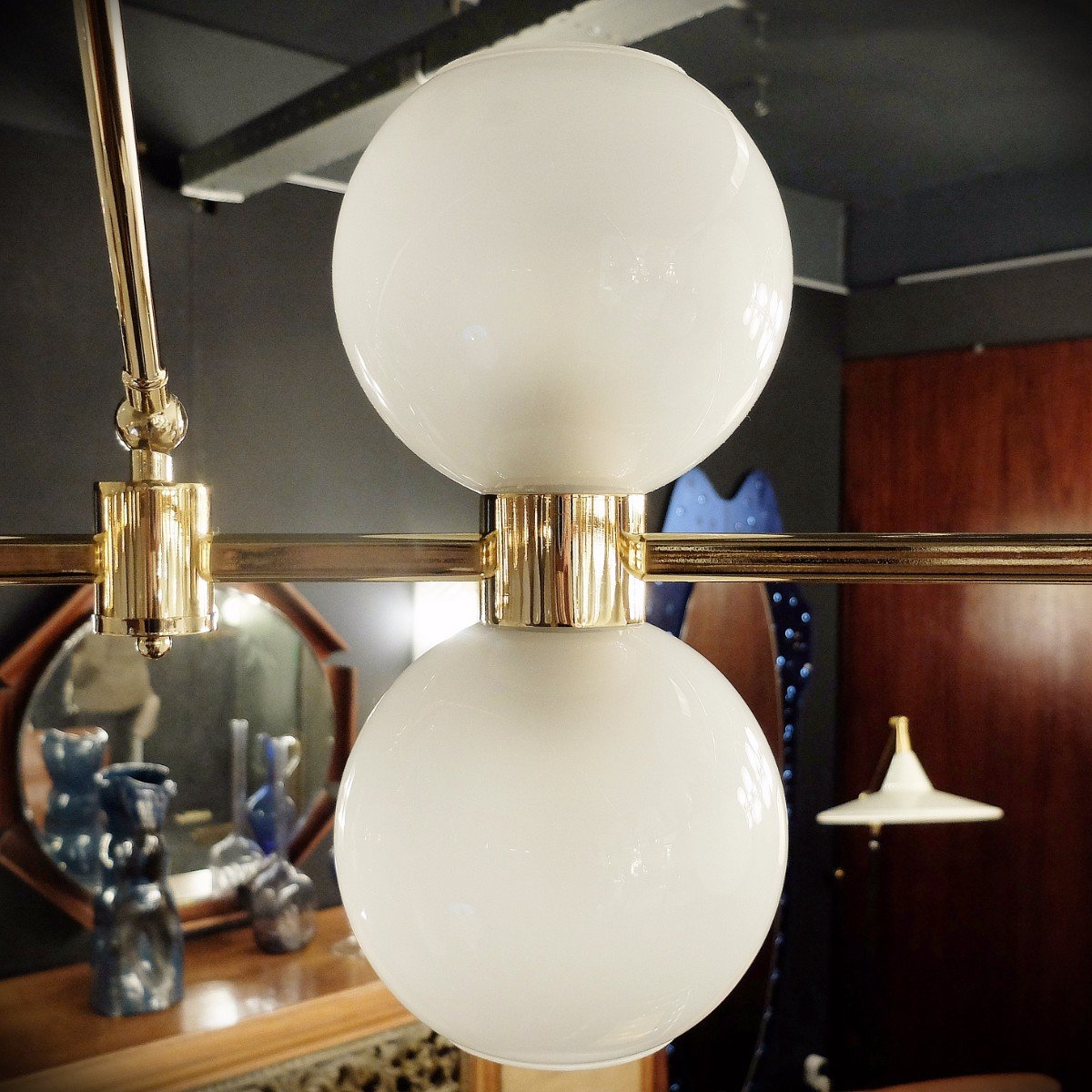 Large Italian Crown Chandelier - Brass & Opaline - italy