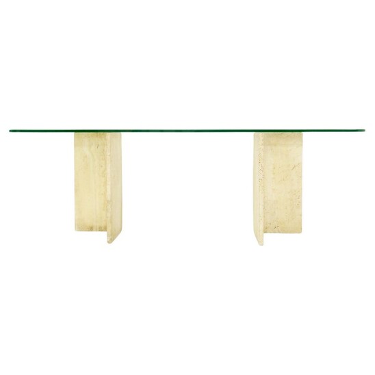 Large Travertine and Glass top Console Table, 1970s
