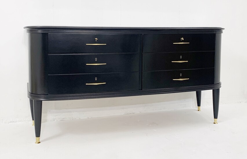 Mid-century black lacquered chest of drawers with glass top - Italy 1950s