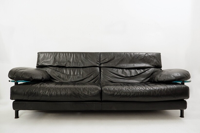 Mid-century Black Leather Sofa with glass side tables by Paolo Piva