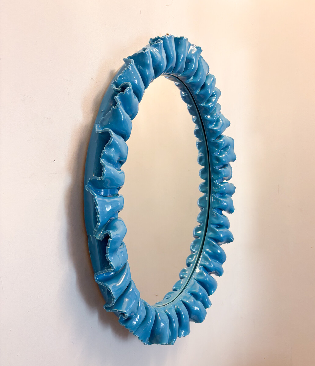Mid-Century Blue Ceramic Wall Mirror by Fausto Melotti - Italy 1950s