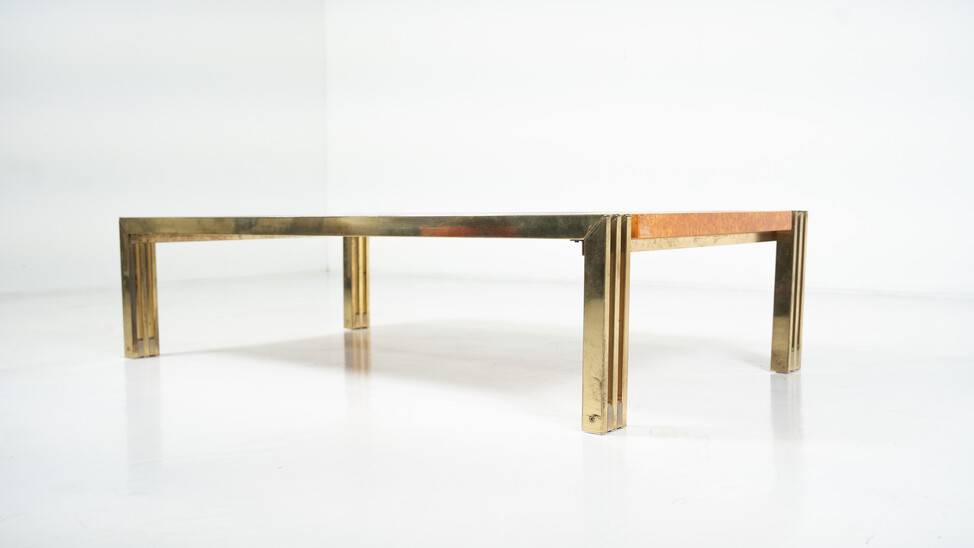 Mid-Century Burl Wood and Brass Coffee Table