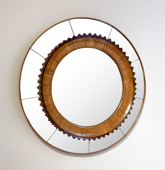 Mid-century Circular Walnut Wall Mirror by Fratelli Marelli, Italy, 1950s