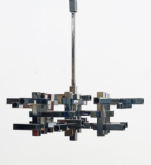 Mid-century Graphic Chromed Chandelier by Gaetano Sciolari - Italy 1970s