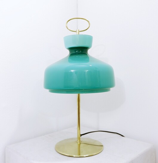 Mid Century Green opaline glass and brass table lamp - Italy 1950s