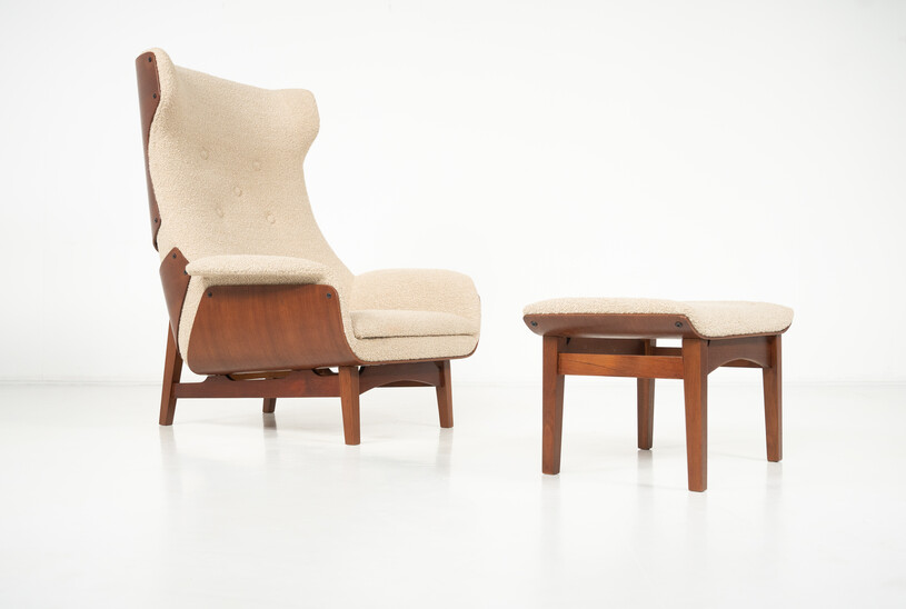 Mid-century Highback Armchair with Ottoman, 1960s - New upholstery