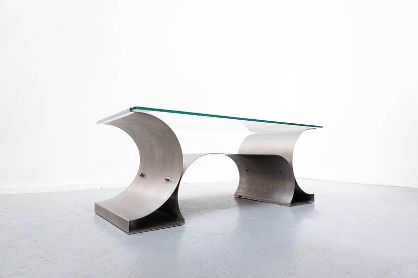 Mid-Century Italian Table in Brushed Steel and Glass, 1970s