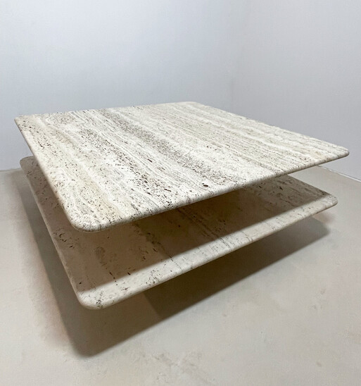 Mid-Century Large Square 2-Tier Coffee Table,Travertine,Italy, 1970s