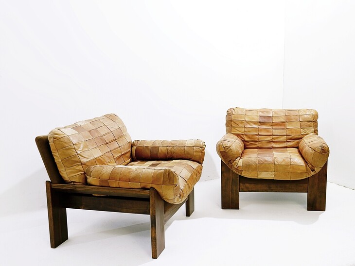 Mid-Century Leather Patchwork Armchairs, Wood and Leather,Italy