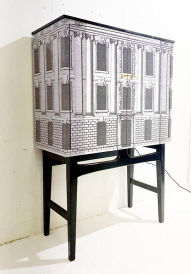 Mid-Century Modern Architectural Lighting Bar Cabinet in Style of Fornasetti - Italy 1950s