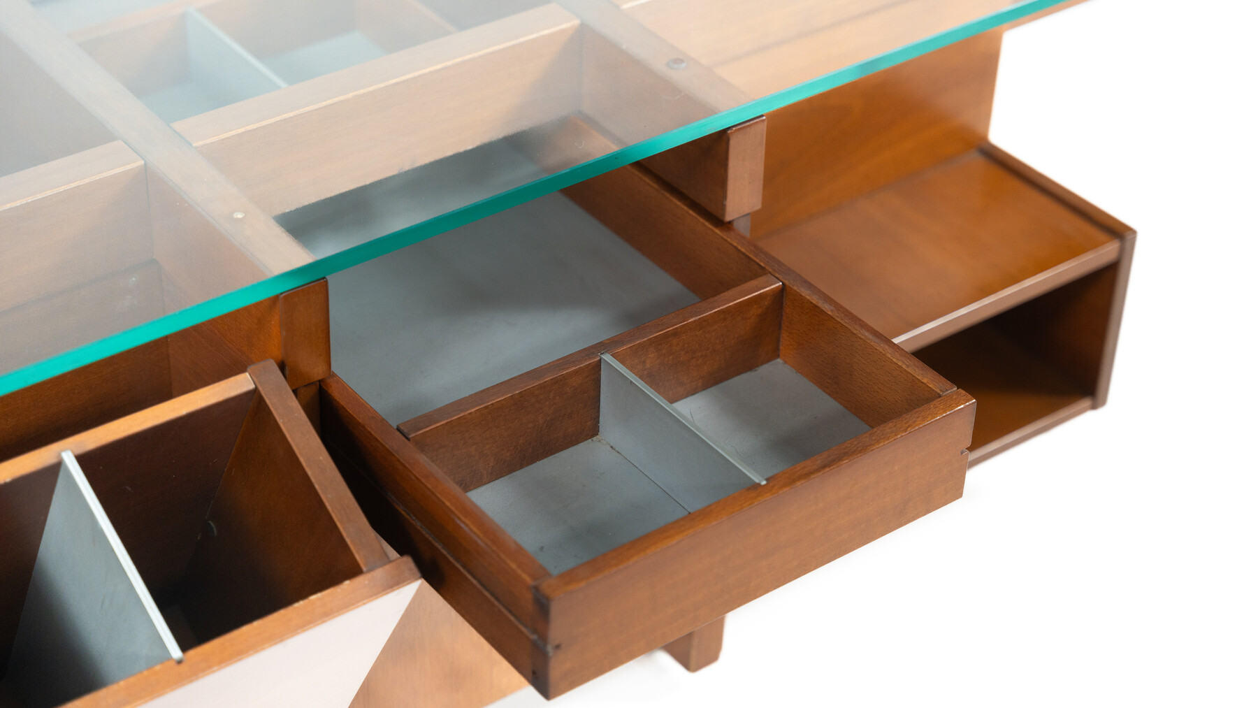 Mid-Century Modern Assymetrical Coffee Table with Compartments, Wood and Glass, Italy, 1970s