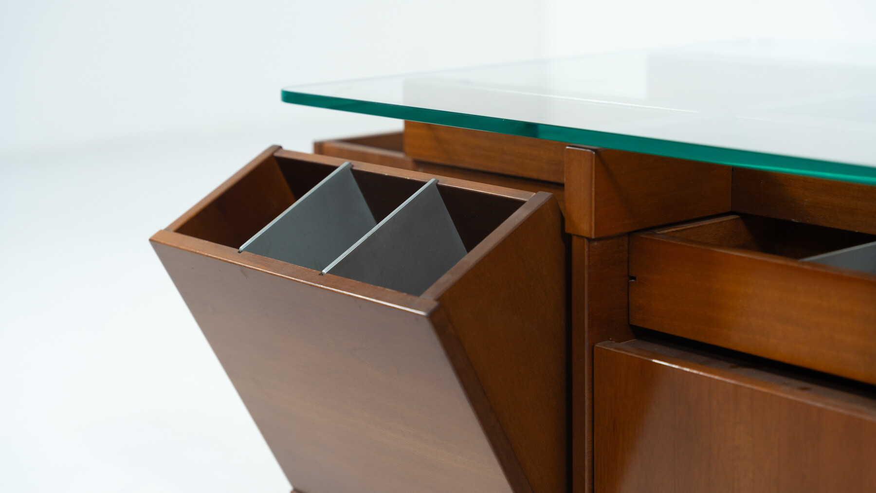 Mid-Century Modern Assymetrical Coffee Table with Compartments, Wood and Glass, Italy, 1970s