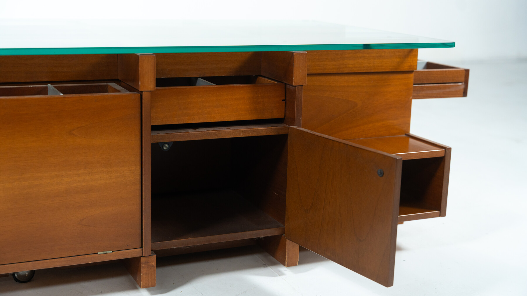 Mid-Century Modern Assymetrical Coffee Table with Compartments, Wood and Glass, Italy, 1970s