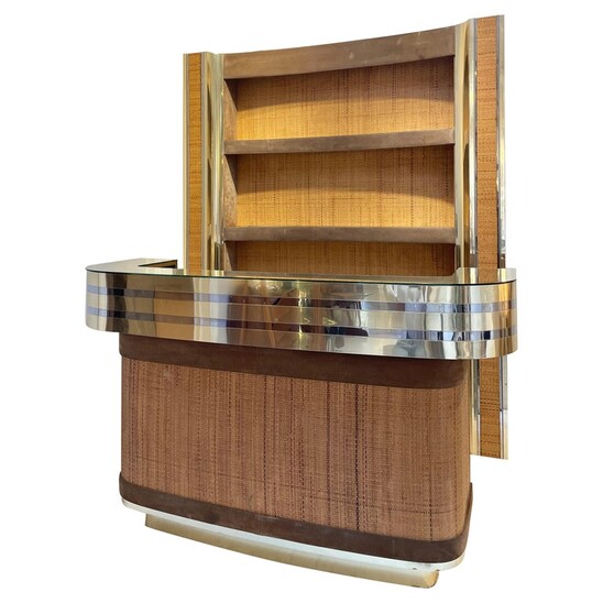 Mid-Century Modern Bar by Willy Rizzo, Wicker, Glass and Brass, 1960s