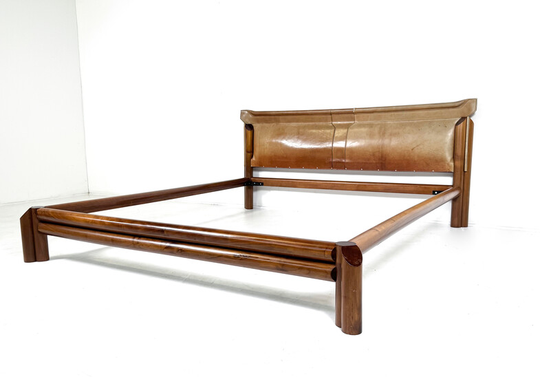 Mid-Century Modern Bed, Wood and Leather, Italy