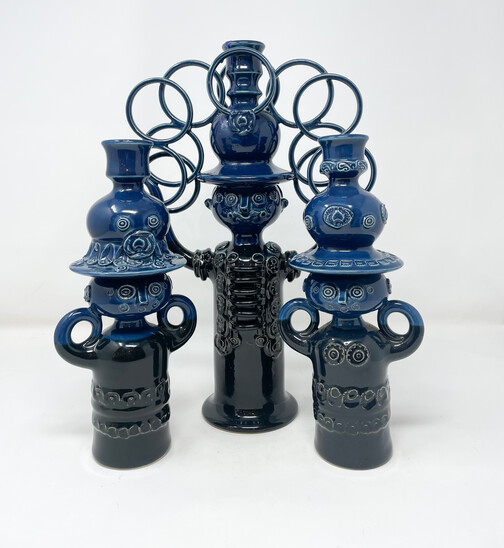 Mid-Century Modern Bjørn Wiinblad Candelstick Set, Blue Ceramic, Rosenthal, 1970s