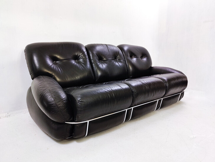 Mid-Century Modern Black Leather Sofa , Italy, 1960s