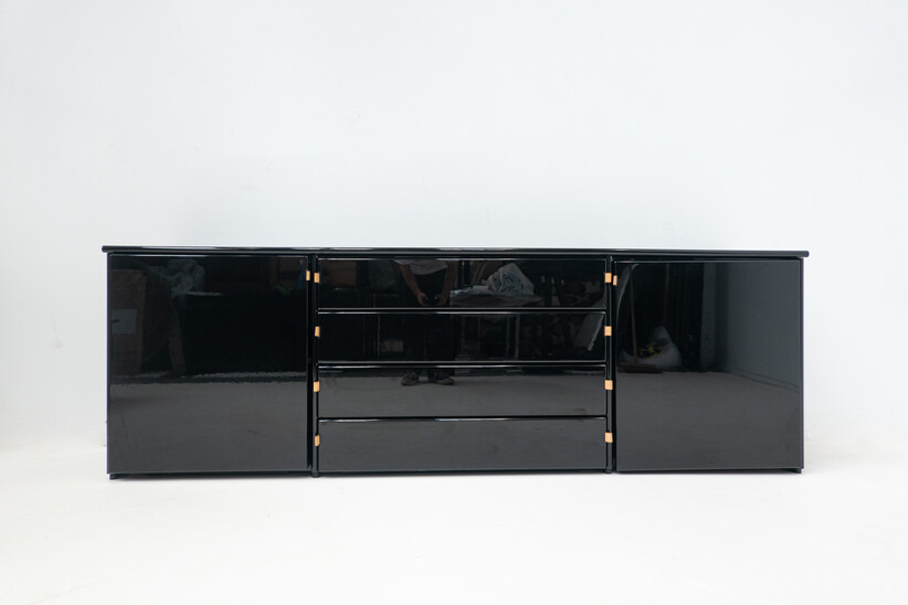 Mid-Century Modern Black Sideboard, Leather Handles, Italy, 1960s